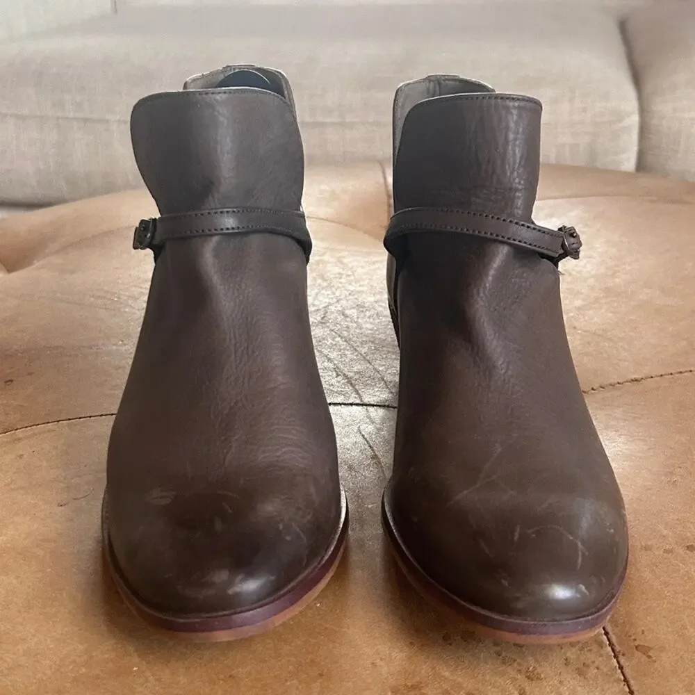 Leather Ankle Booties Western Equestrian Stacked Heel Brown 6 Sam Edelman - Picture 2 of 10
